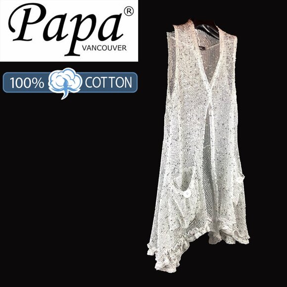 Papa Vancouver Sweaters - Papa Vancouver white/grey 100% cotton mesh cardigan hem frill and rise 2 pockets
